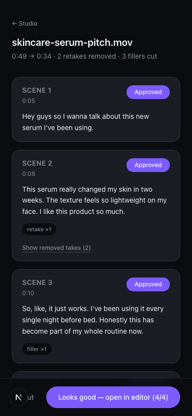 ReelTake scene approval with retakes and filler removed
