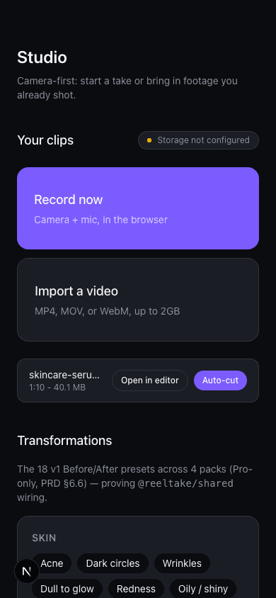 ReelTake studio with your clip ready